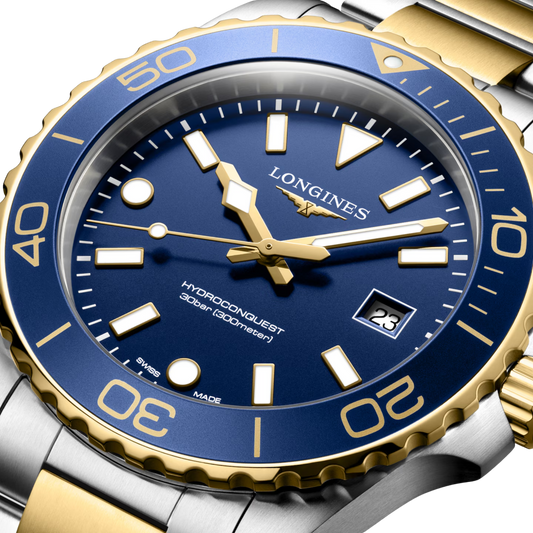 Longines HydroConquest men’s watch with blue sandblasted dial and yellow PVD stainless steel case