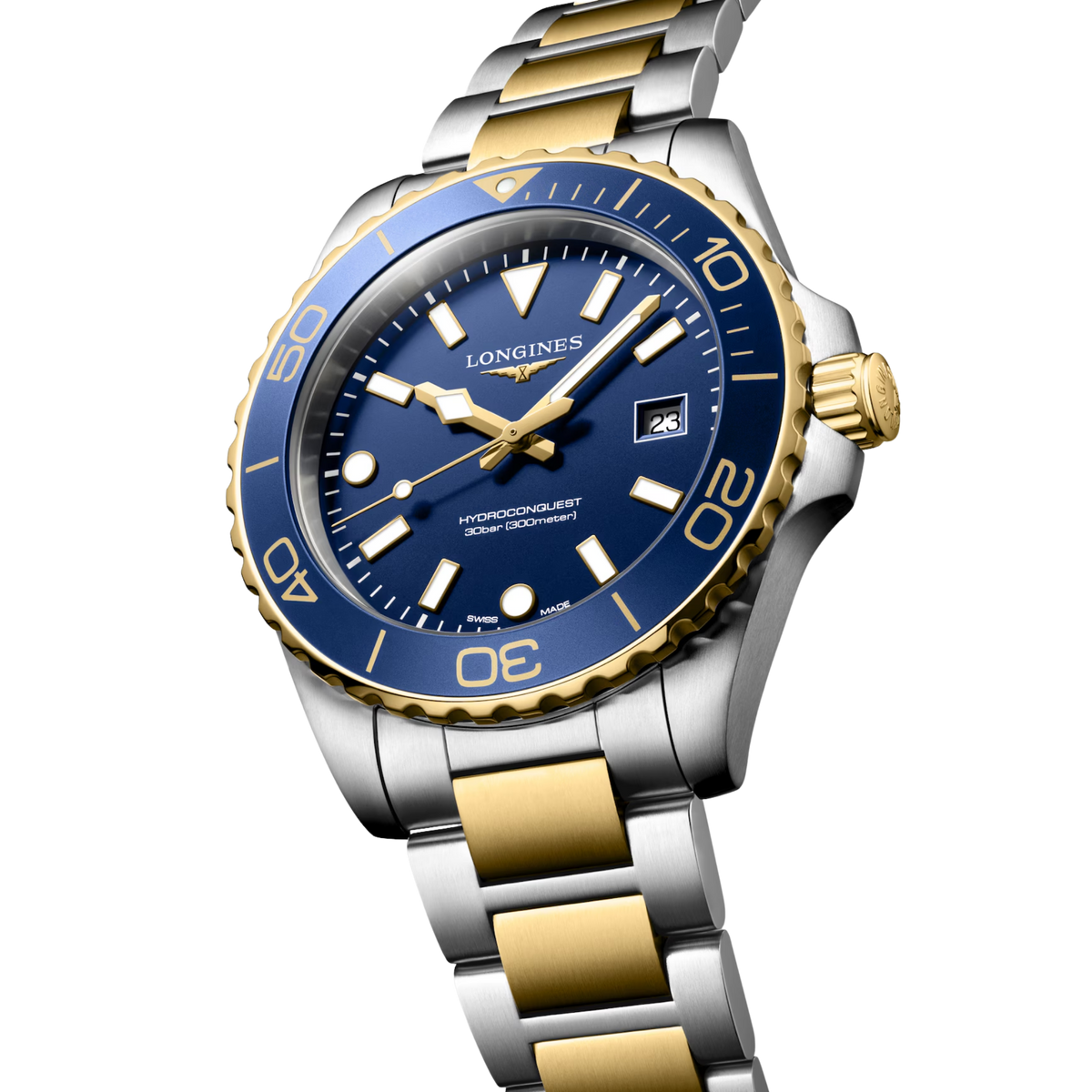 Longines HydroConquest 42mm blue dial watch with rotating bezel, date display and two-tone bracelet