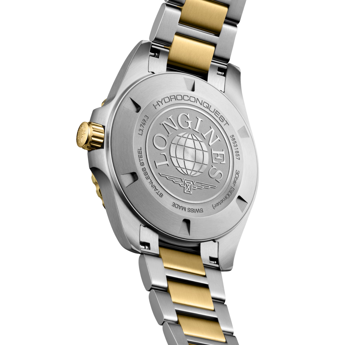 Longines HydroConquest Swiss quartz watch with blue dial, sapphire crystal and yellow PVD steel bracelet