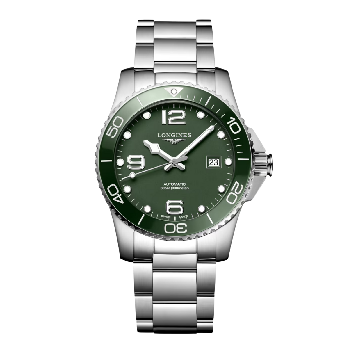 Longines HydroConquest 41mm men’s automatic watch with green dial and stainless steel bracelet