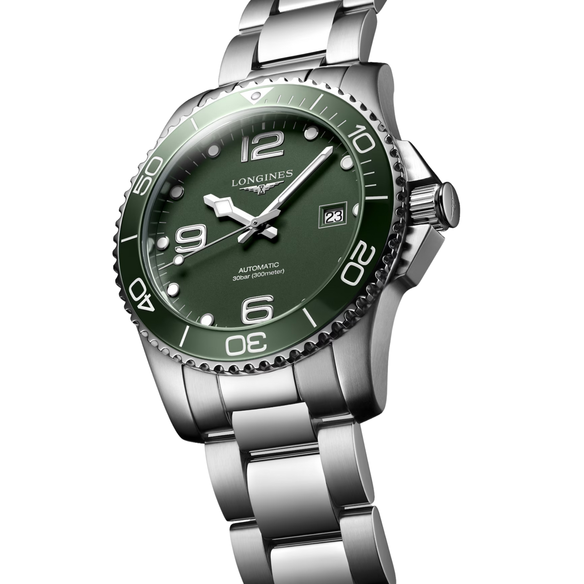 Longines HydroConquest 41mm green dial watch with rotating ceramic bezel and stainless steel bracelet