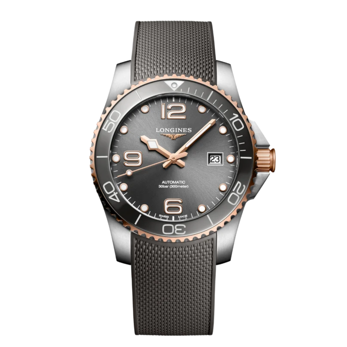 front view of Longines HydroConquest automatic grey dial dive watch with rose gold accents, mesh bracelet and ceramic bezel
