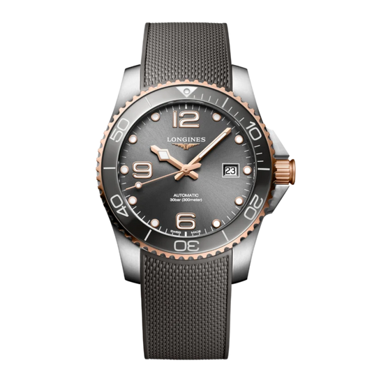 front view of Longines HydroConquest automatic grey dial dive watch with rose gold accents, mesh bracelet and ceramic bezel
