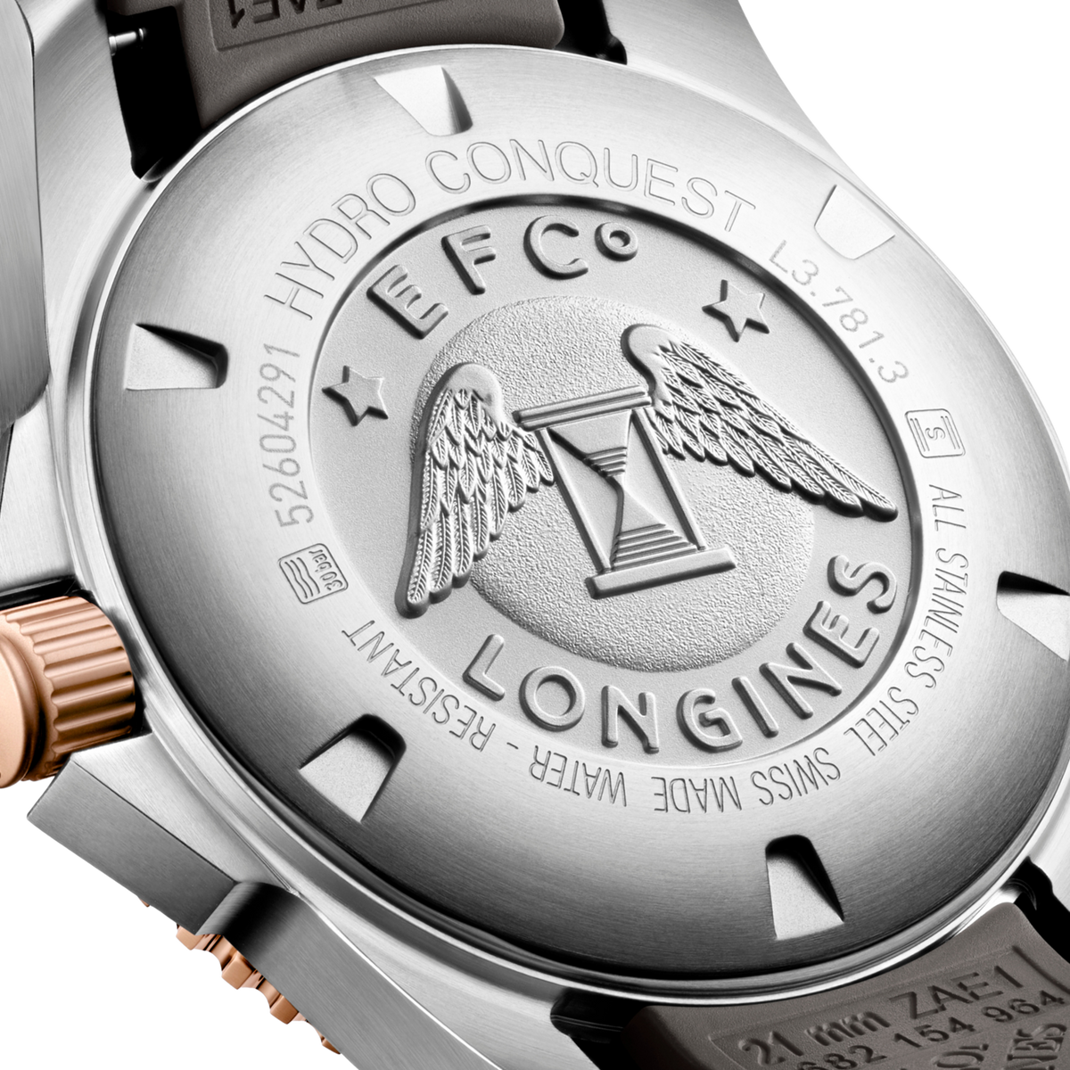 back of Longines HydroConquest automatic watch showing the stainless steel case back, mesh bracelet and engraved detailing
