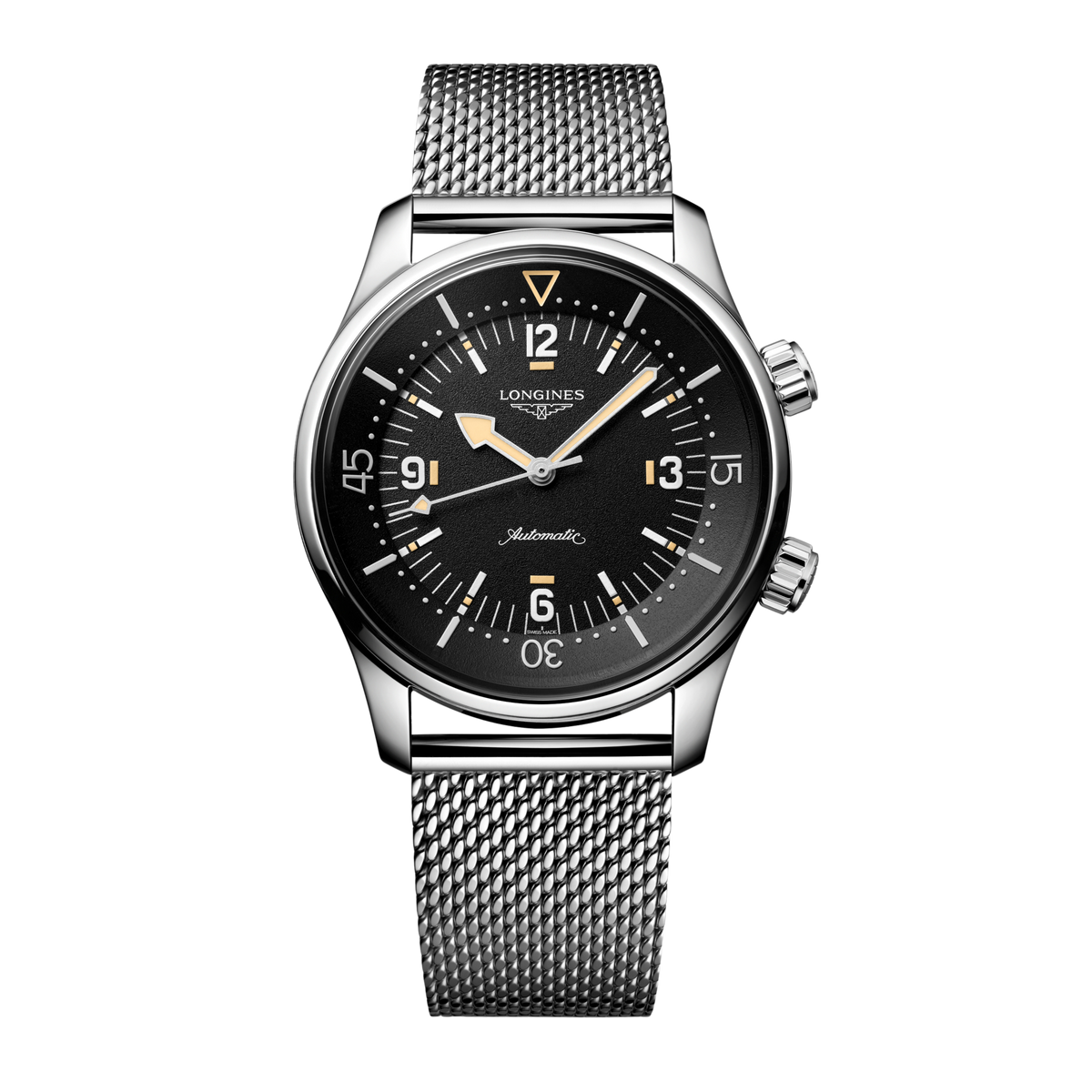 front view of Longines Legend Diver black dial automatic watch with stainless steel mesh bracelet and vintage inspired rotating bezel
