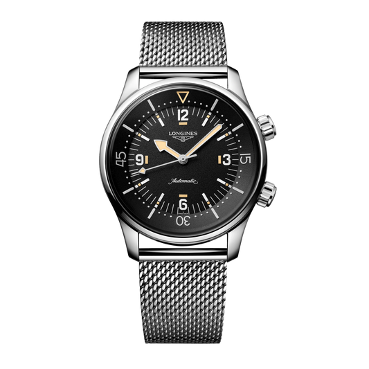 front view of Longines Legend Diver black dial automatic watch with stainless steel mesh bracelet and vintage inspired rotating bezel
