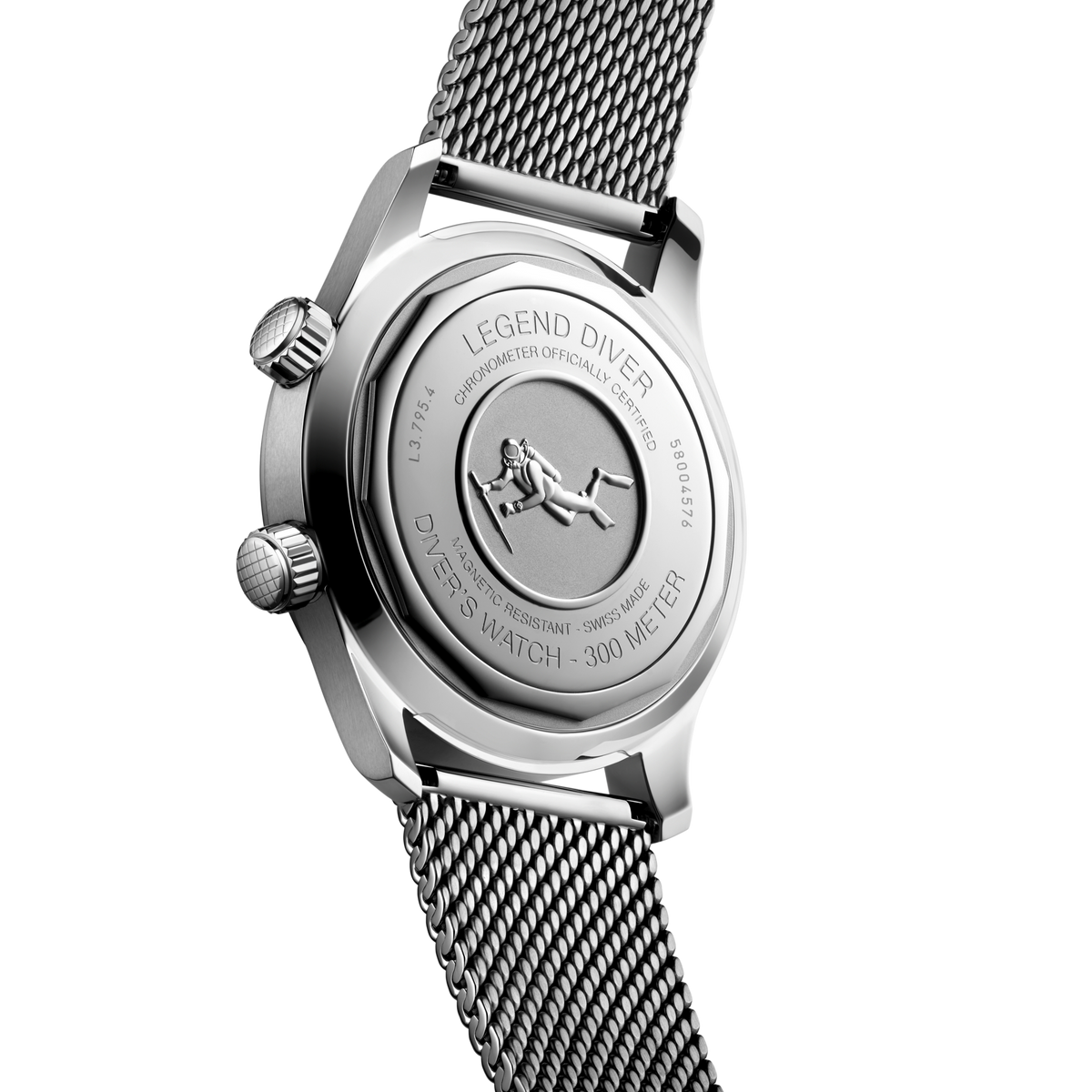 back of Longines Legend Diver automatic watch showing the engraved stainless steel case back and mesh bracelet finish
