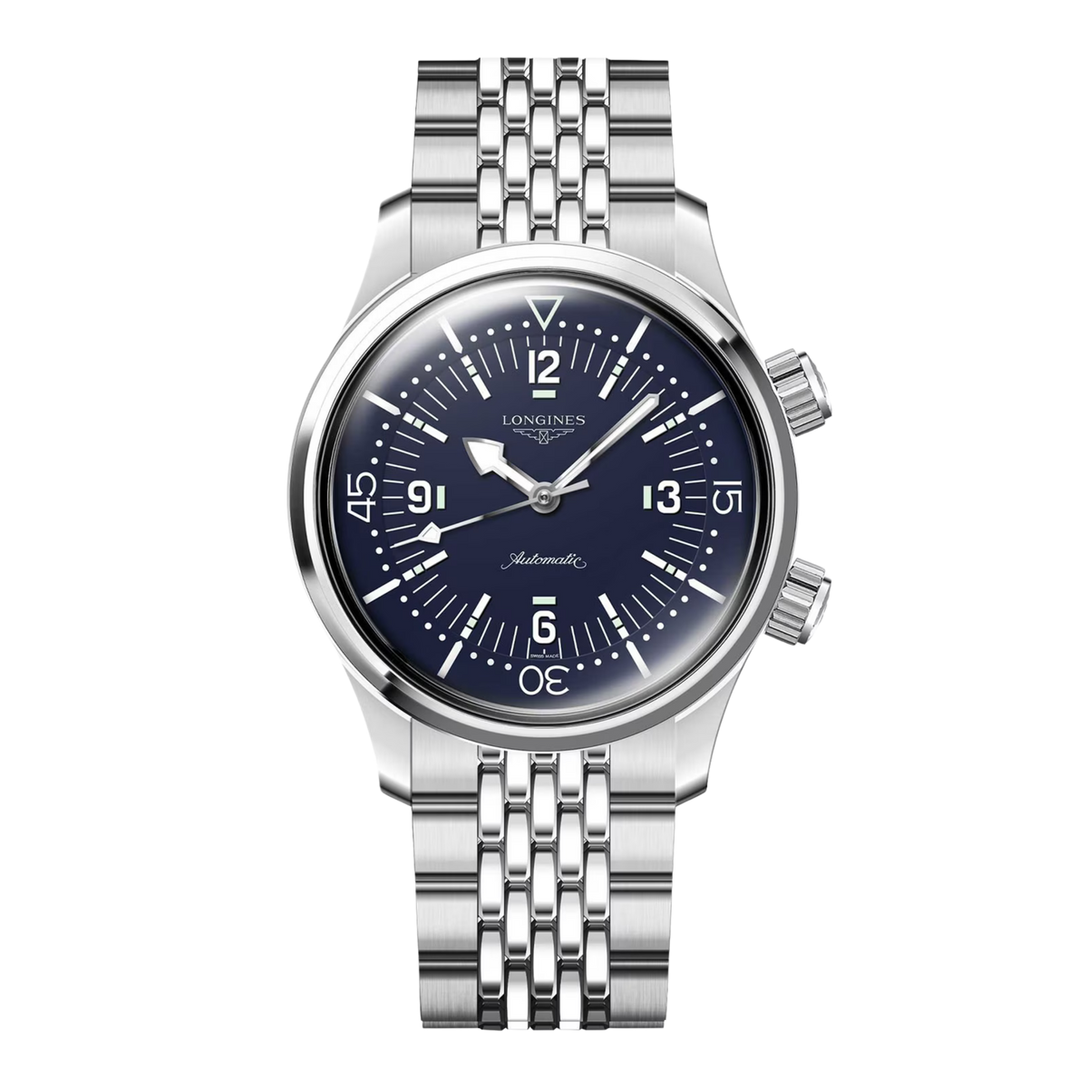 front view of Longines Legend Diver blue dial automatic watch with stainless steel bead style bracelet and dual crown design
