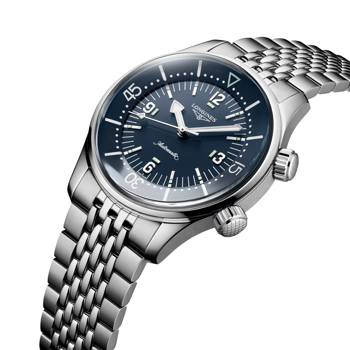 close up of the Longines Legend Diver blue gradient dial featuring luminous hands, internal rotating bezel and oversized Arabic numerals
