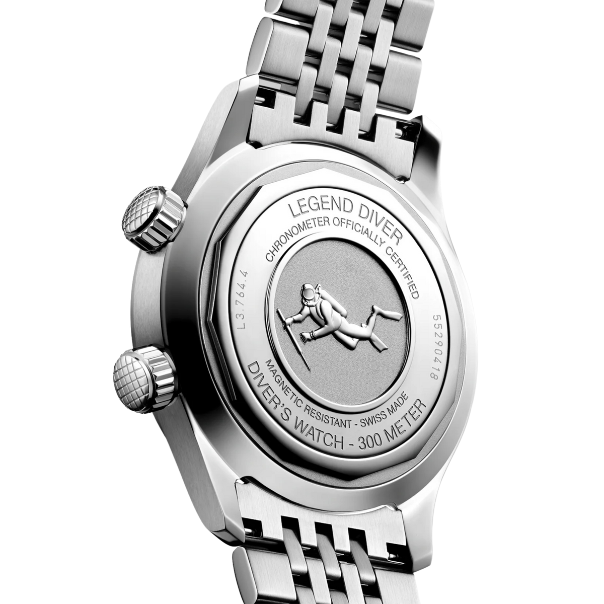 back of Longines Legend Diver automatic watch showing the engraved stainless steel case back and bead style bracelet detail
