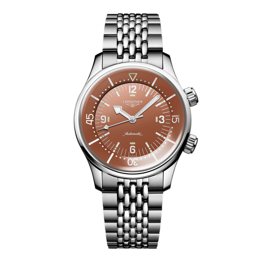 front view of Longines Legend Diver bronze dial automatic watch with dual crown design and stainless steel bead style bracelet
