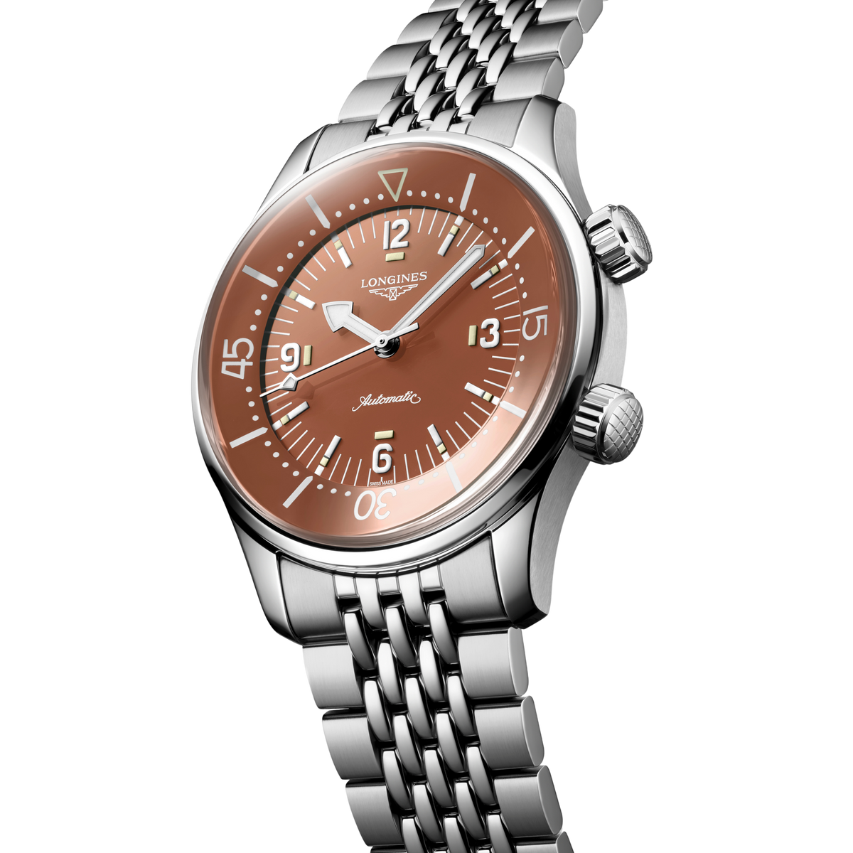 close up of the Longines Legend Diver bronze dial featuring luminous markers, internal rotating bezel and oversized Arabic numerals
