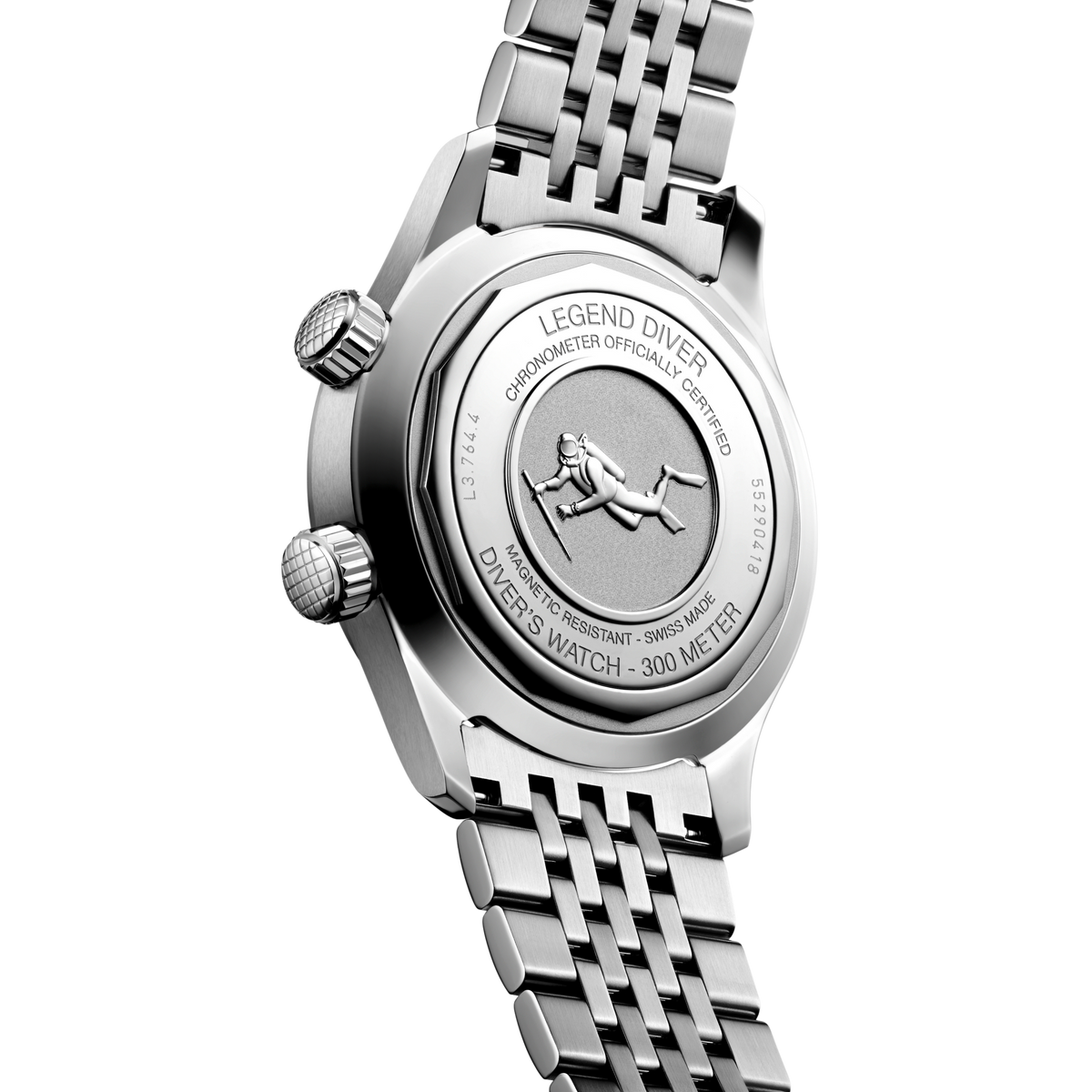 back of Longines Legend Diver automatic watch showing the engraved stainless steel case back and bead style bracelet detail

