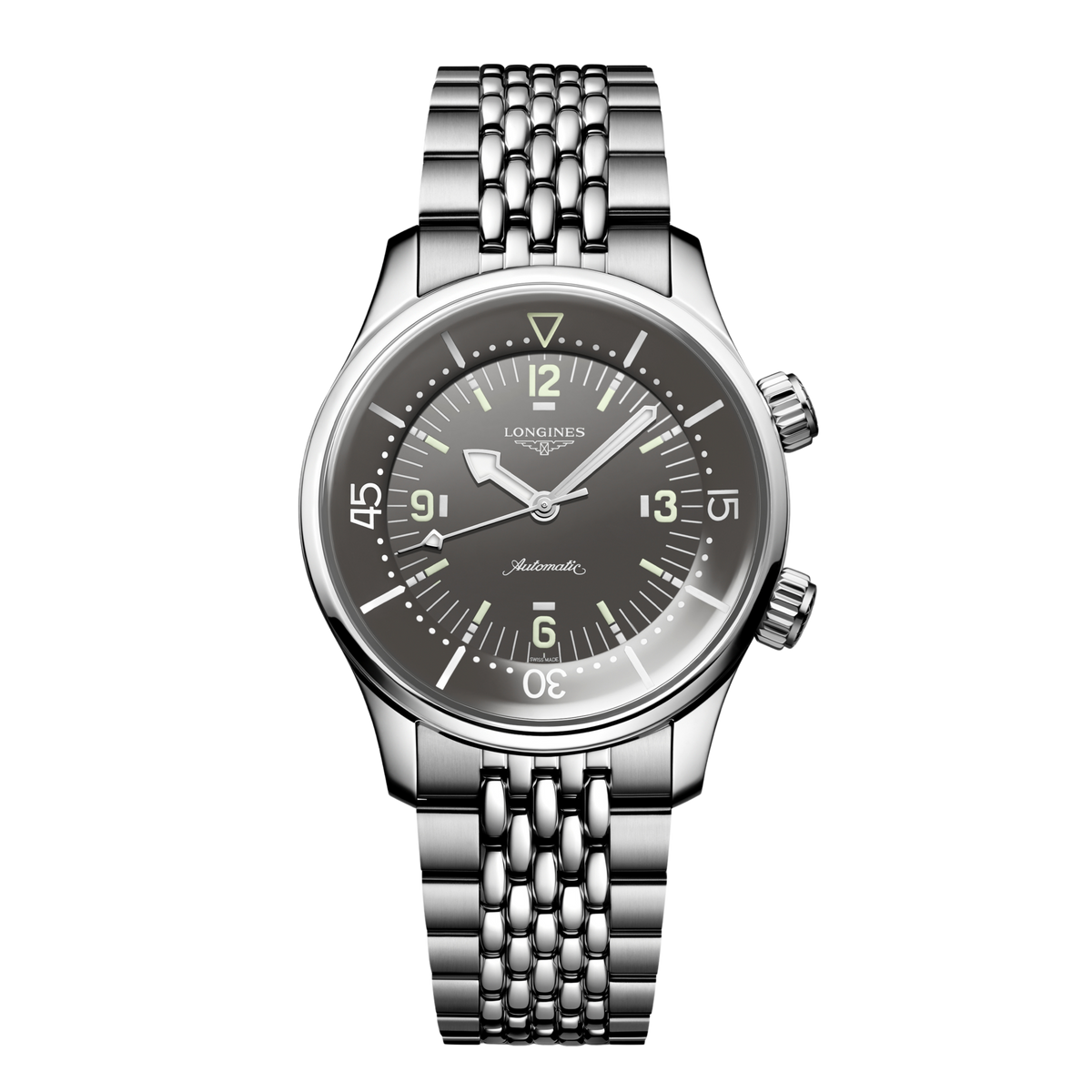 front view of Longines Legend Diver automatic black dial watch with stainless steel bracelet and dual crown vintage dive design
