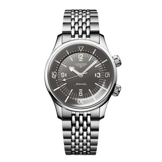 front view of Longines Legend Diver automatic black dial watch with stainless steel bracelet and dual crown vintage dive design
