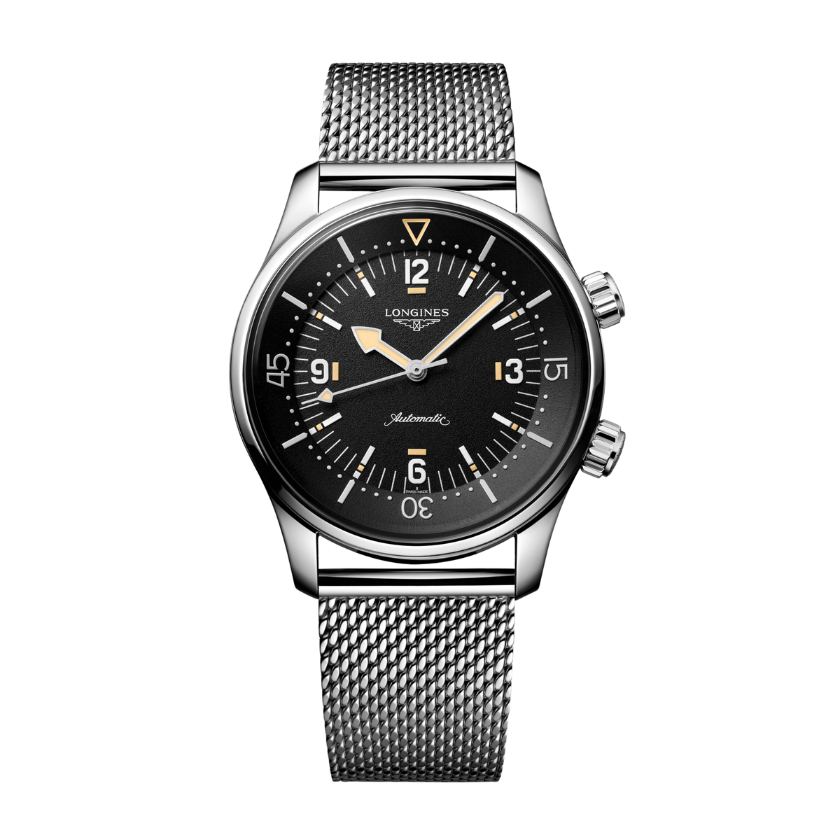 front view of Longines Legend Diver black dial automatic watch with stainless steel mesh bracelet and dual crown dive styling
