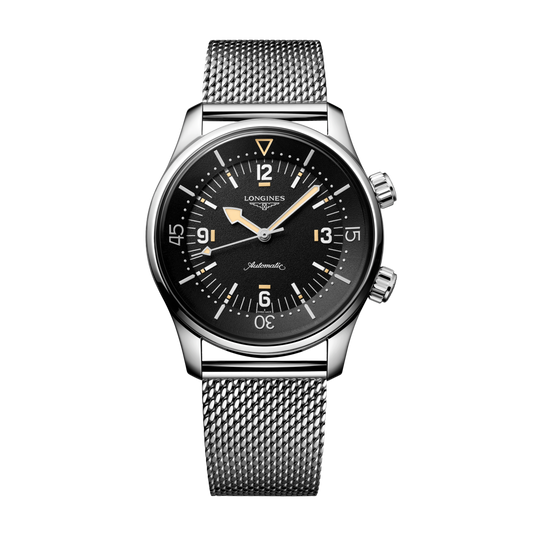 front view of Longines Legend Diver black dial automatic watch with stainless steel mesh bracelet and dual crown dive styling
