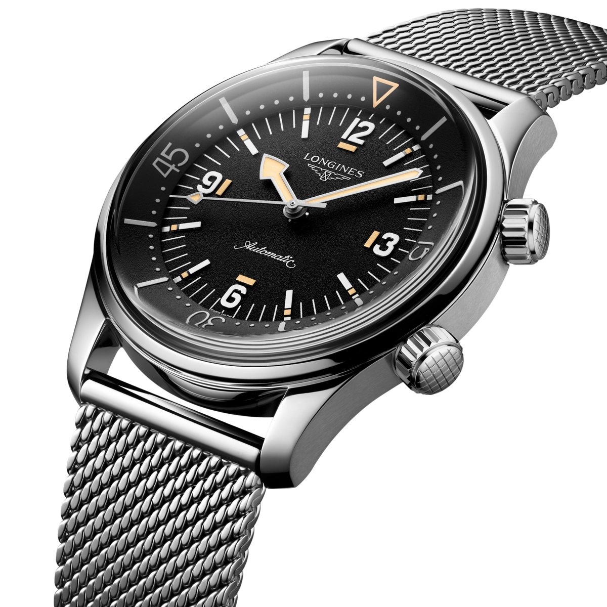 close up of the Longines Legend Diver black dial featuring luminous markers, internal rotating bezel and oversized Arabic numerals
