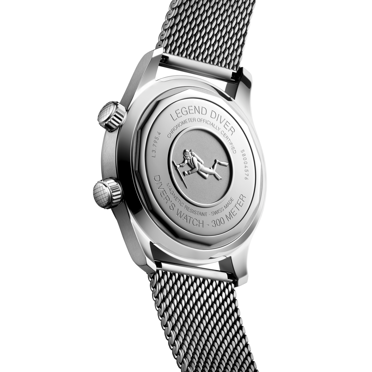 back of Longines Legend Diver automatic watch showing the engraved stainless steel case back and mesh bracelet detail
