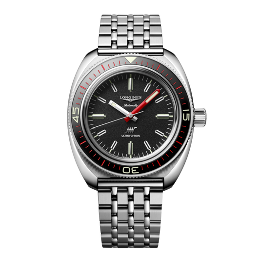 Longines Ultra-Chron 43mm men’s automatic watch with black dial and stainless steel bracelet