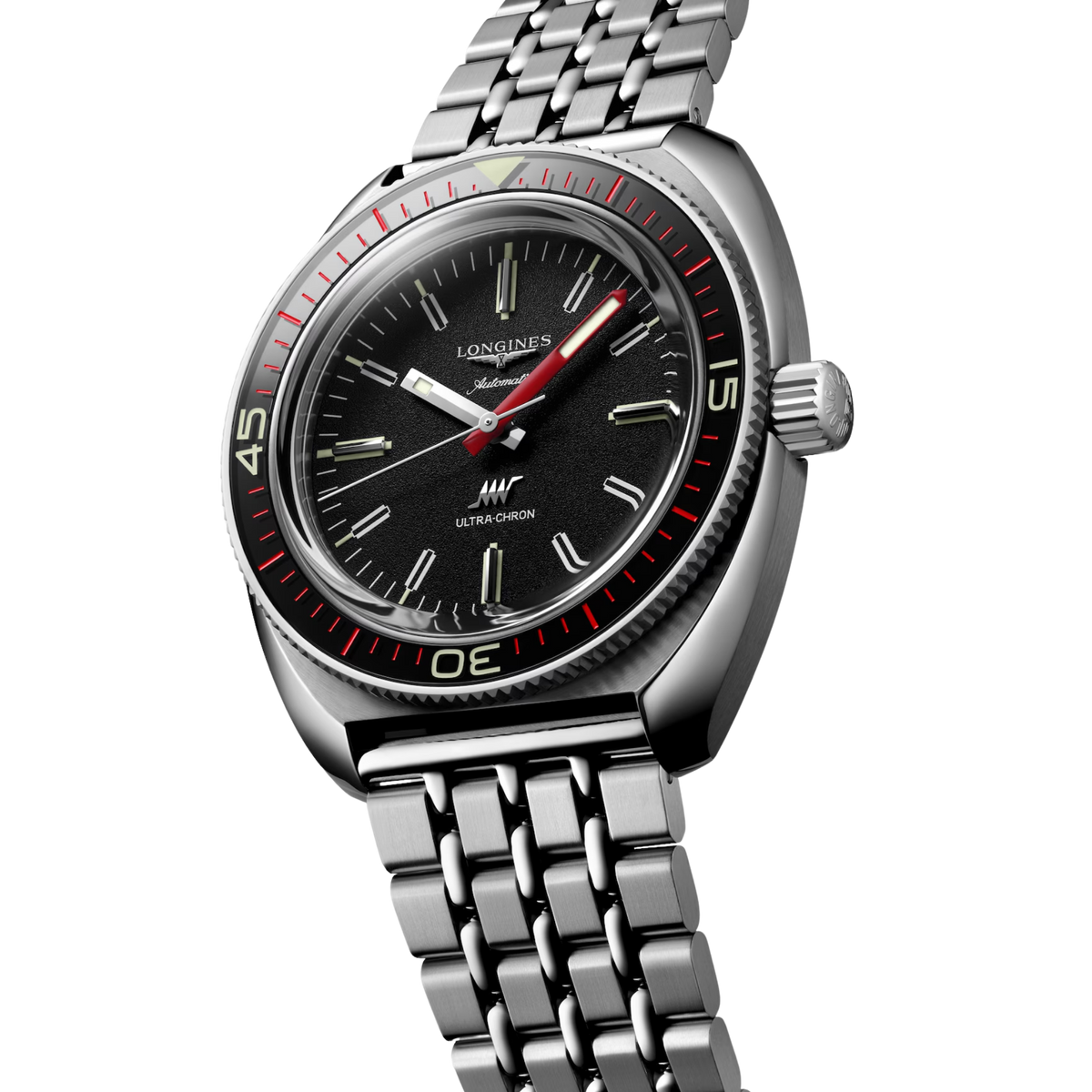 Longines Ultra-Chron 43mm high-frequency automatic watch with black dial and steel bracelet