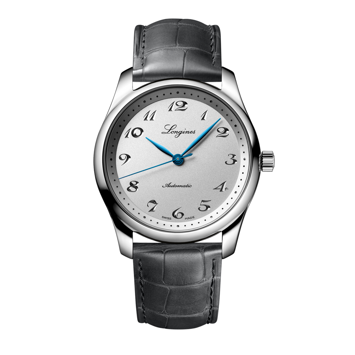 front view of Longines Master Collection silver dial automatic watch with blue hands and grey leather strap
