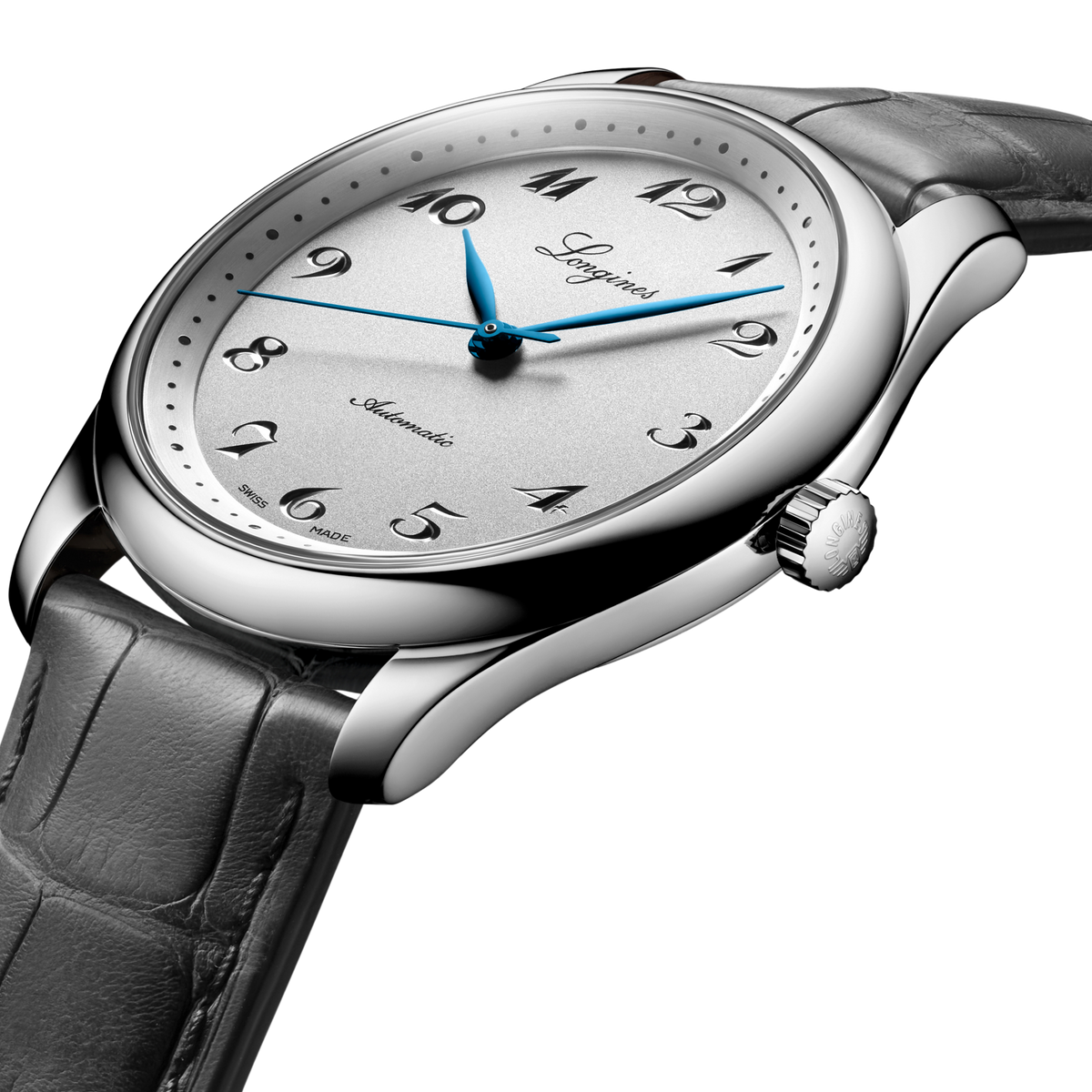 close up of the Longines silver dial featuring blue hands, Arabic numeral hour markers and elegant automatic movement styling
