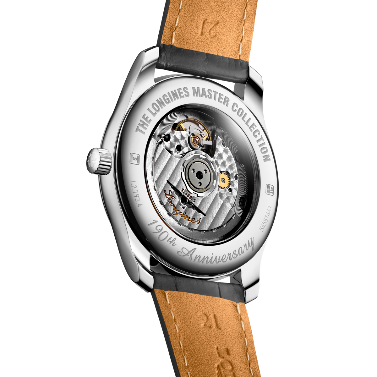 back of Longines automatic watch showing the polished case back and grey leather strap detail
