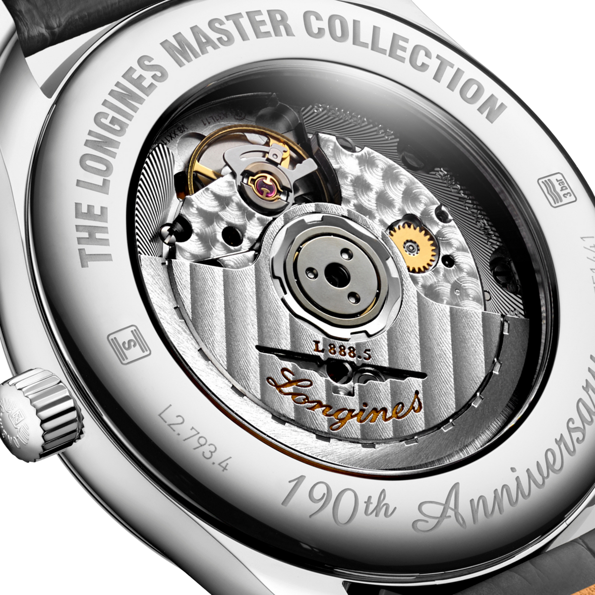 back of Longines automatic watch showing the polished case back and grey leather strap detail
