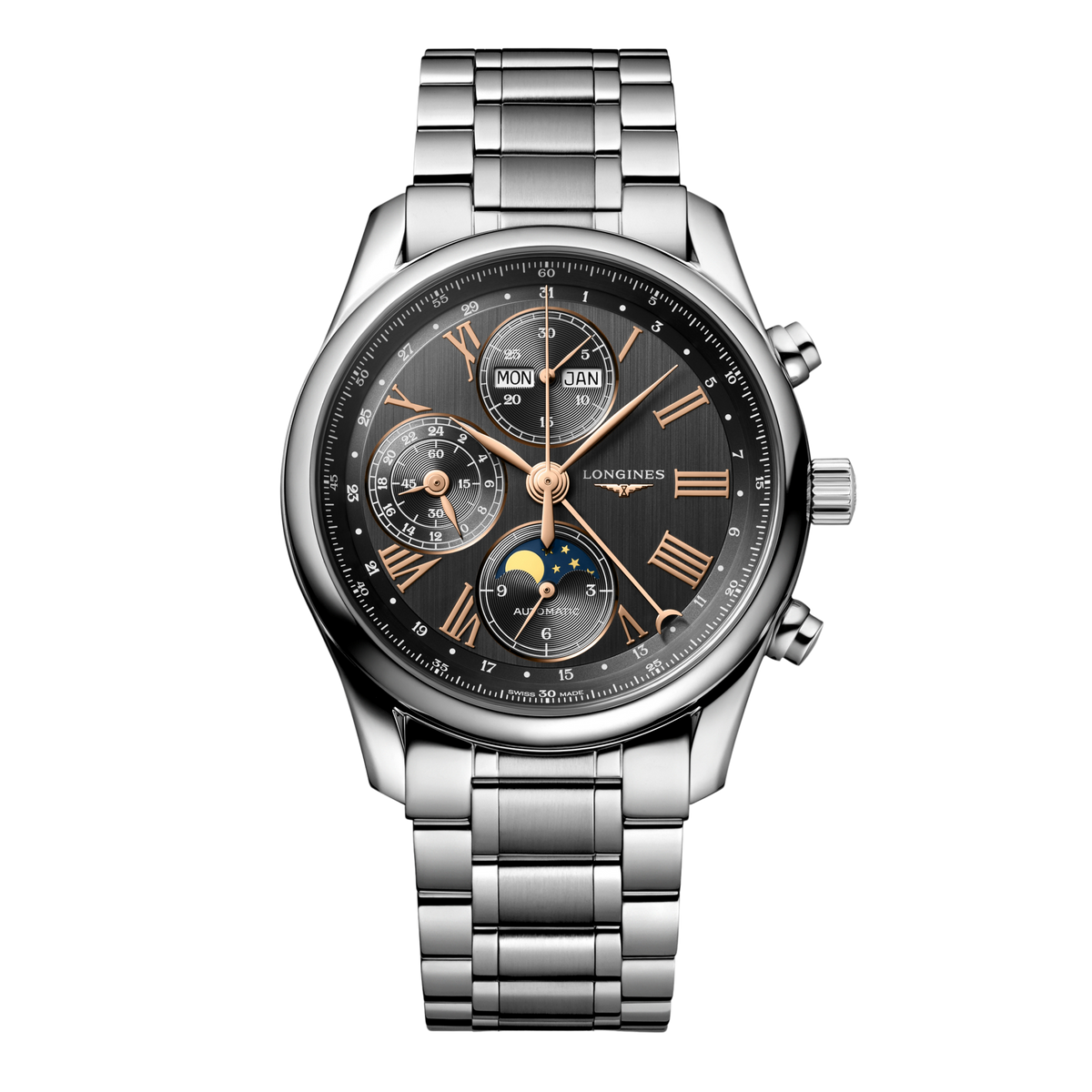 front view of Longines Master Collection chronograph moonphase watch with black dial, rose gold tone details and stainless steel bracelet
