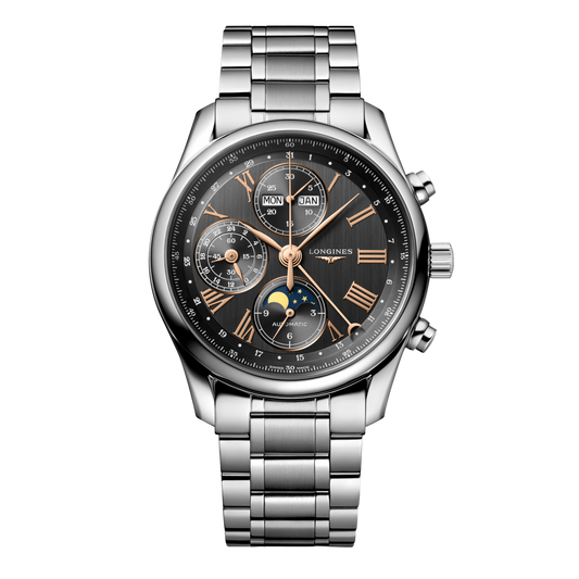 front view of Longines Master Collection chronograph moonphase watch with black dial, rose gold tone details and stainless steel bracelet
