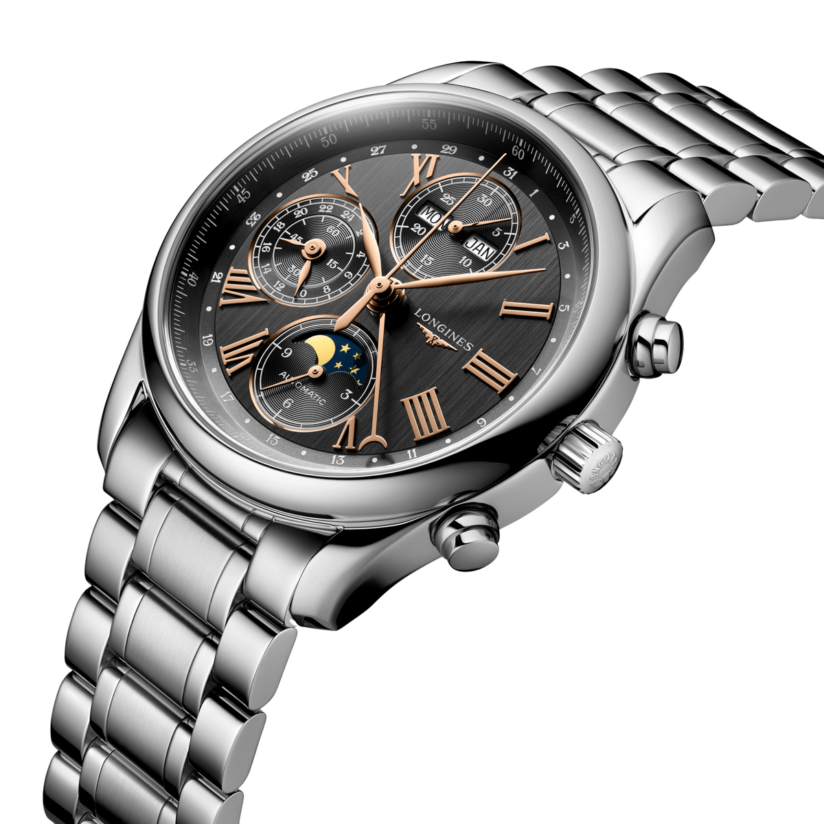 close up of the Longines black dial featuring chronograph sub dials, moonphase display, rose gold Roman numerals and day date complication
