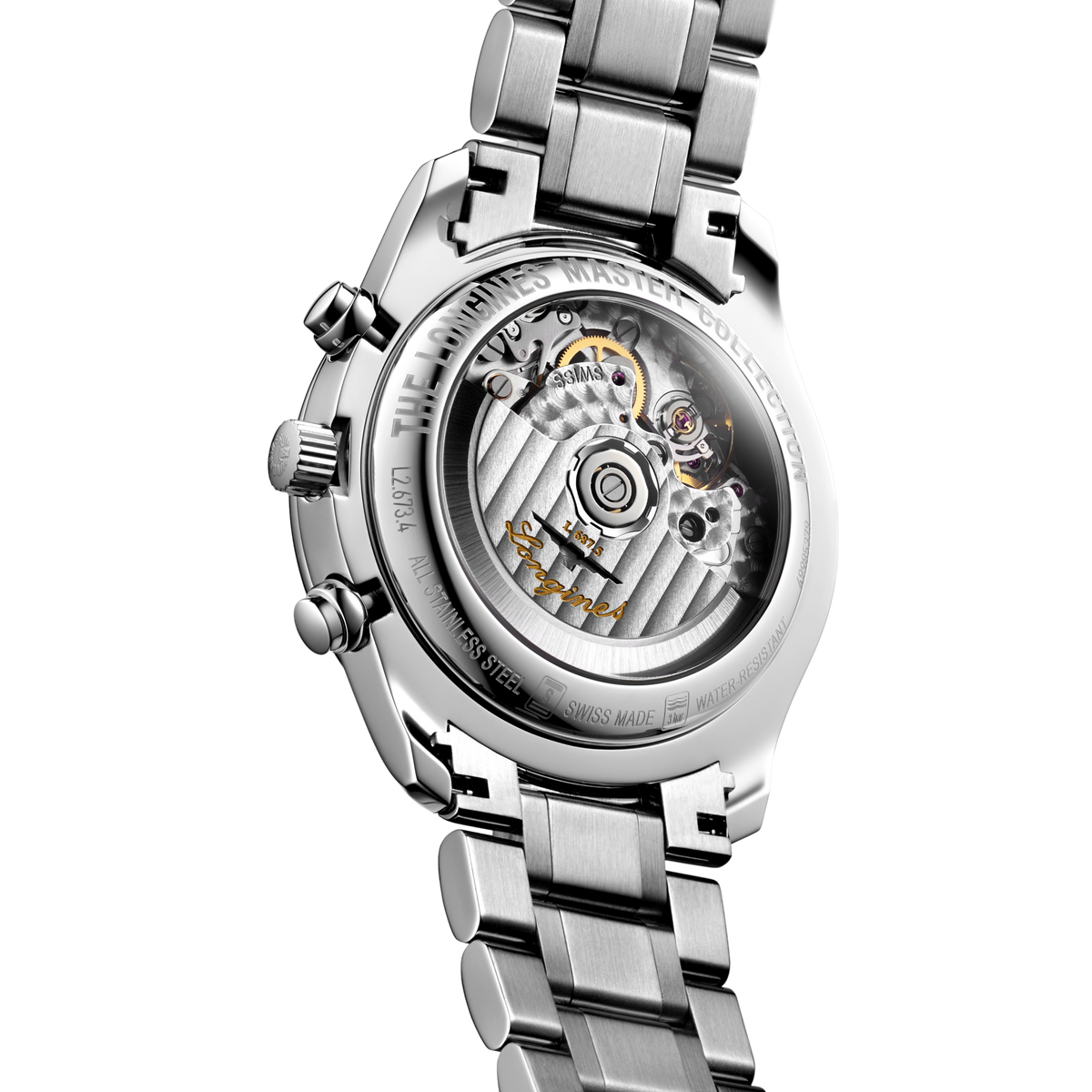 back of Longines Master Collection automatic chronograph watch showing the polished case back and stainless steel bracelet detail

