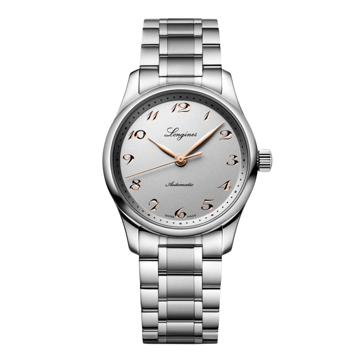 front view of Longines Master Collection silver dial automatic watch with stainless steel bracelet and elegant Arabic numeral markers