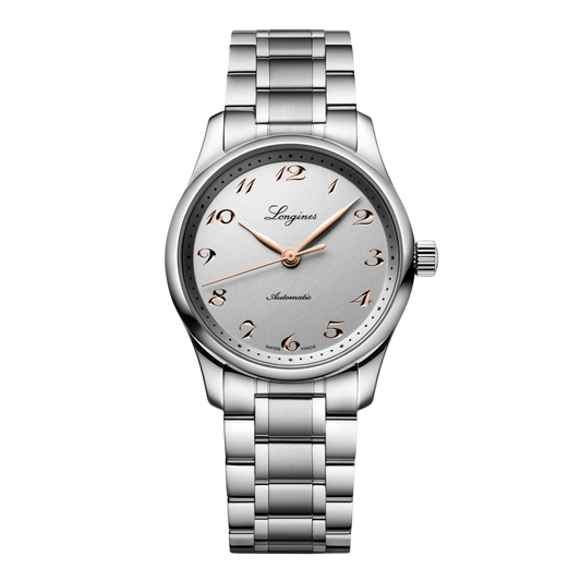 front view of Longines Master Collection silver dial automatic watch with stainless steel bracelet and elegant Arabic numeral markers