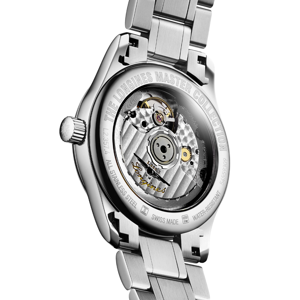  back of Longines Master Collection automatic watch showing the polished case back and stainless steel bracelet finish


