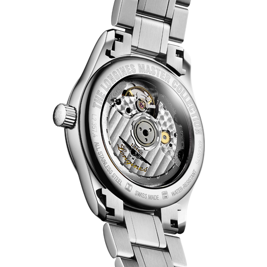  back of Longines Master Collection automatic watch showing the polished case back and stainless steel bracelet finish

