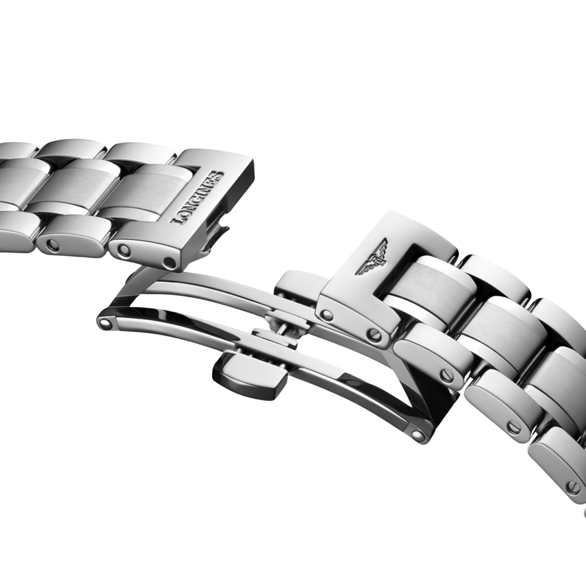 Close-up of a silver watch strap with brand logo on a white background