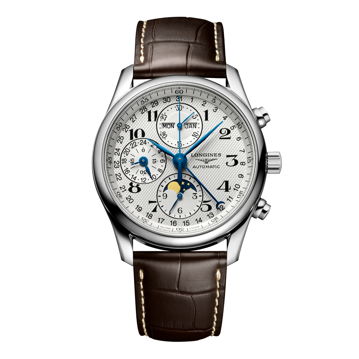 front view of Longines Master Collection silver chronograph moonphase watch with brown leather strap and blue hands
