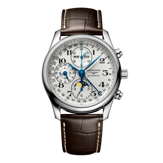 front view of Longines Master Collection silver chronograph moonphase watch with brown leather strap and blue hands
