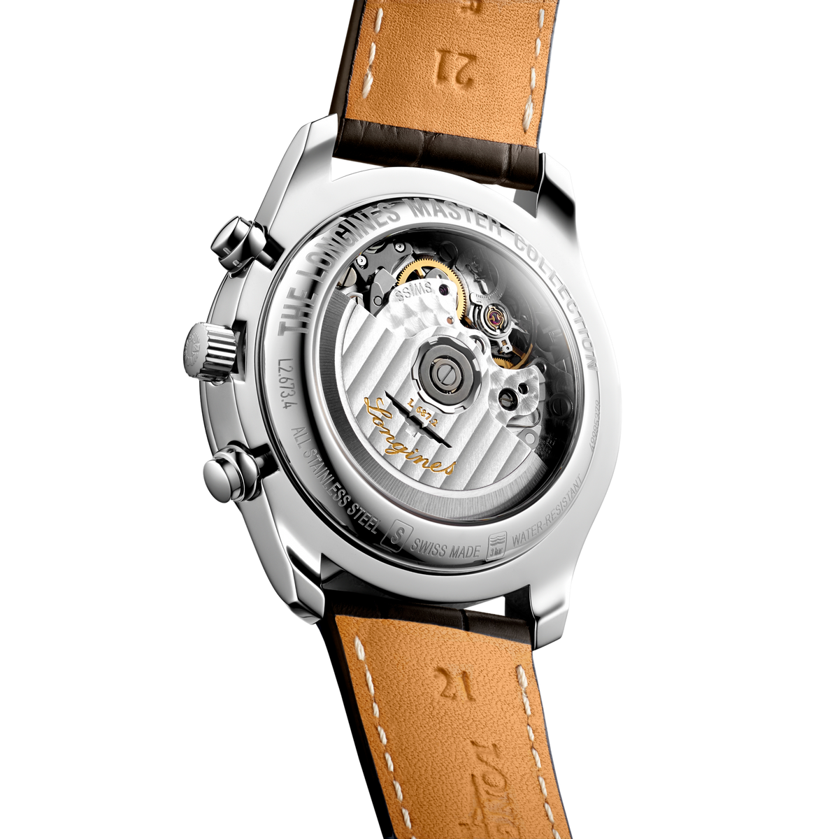back of Longines Master Collection automatic chronograph watch and brown leather strap with clasp detailing
