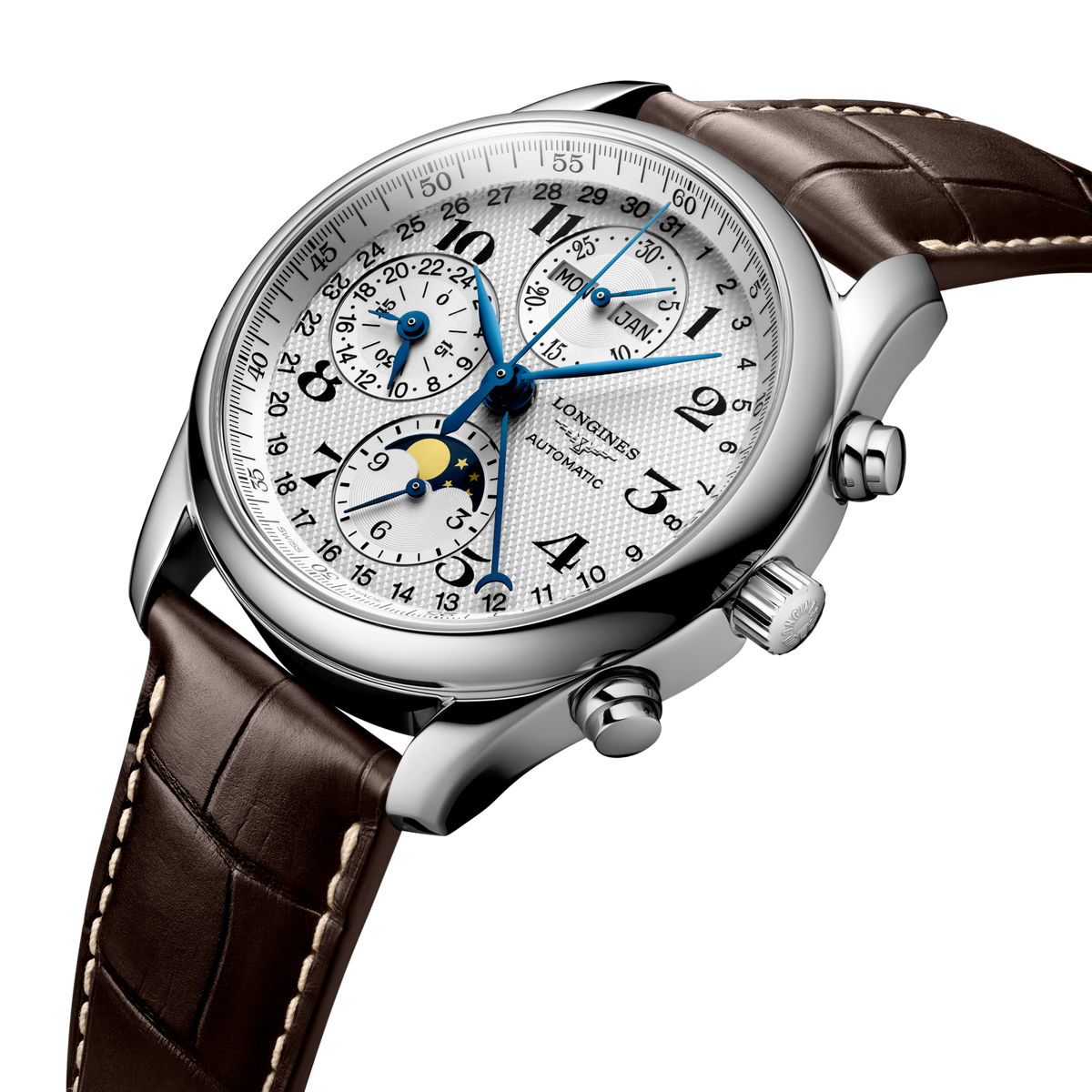 side view of Longines Master Collection chronograph case with pushers, crown and polished stainless steel finish
