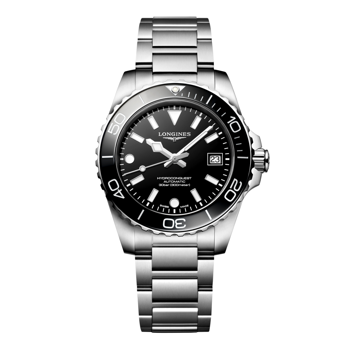 front view of Longines HydroConquest automatic black dial dive watch with black ceramic bezel and stainless steel bracelet