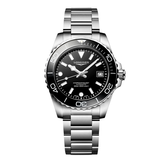 front view of Longines HydroConquest automatic black dial dive watch with black ceramic bezel and stainless steel bracelet