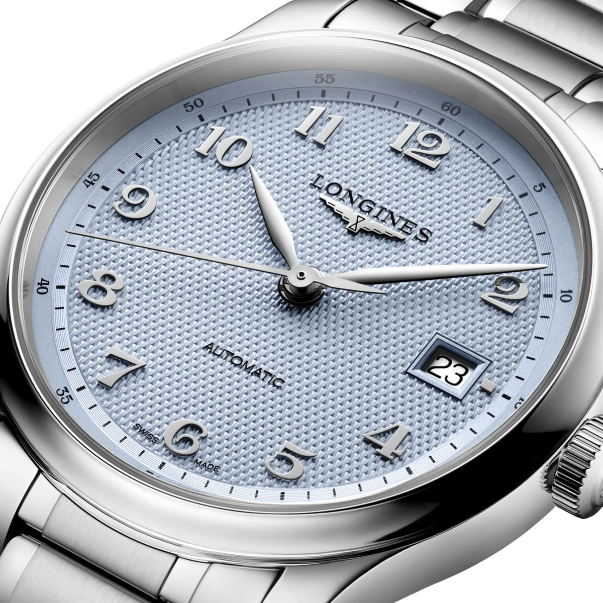 Light blue barleycorn dial with applied Arabic numerals
