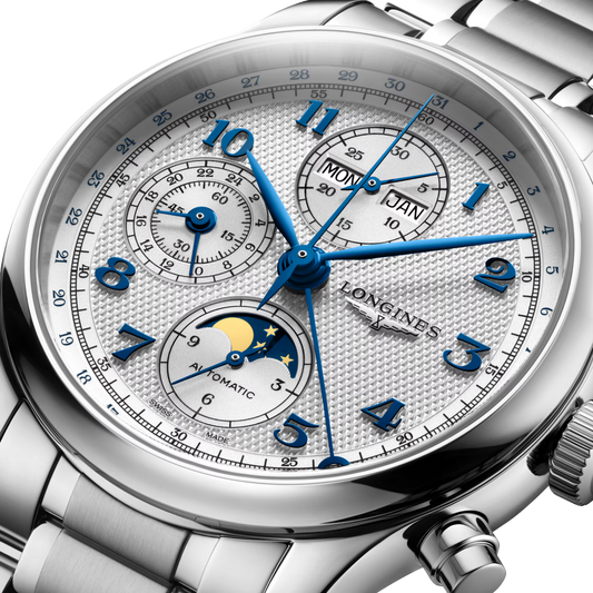 Crafted from stainless steel, its beautifully proportioned 41mm case houses an impressive combination of complications while retaining the elegant and timeless character of the Master Collection.