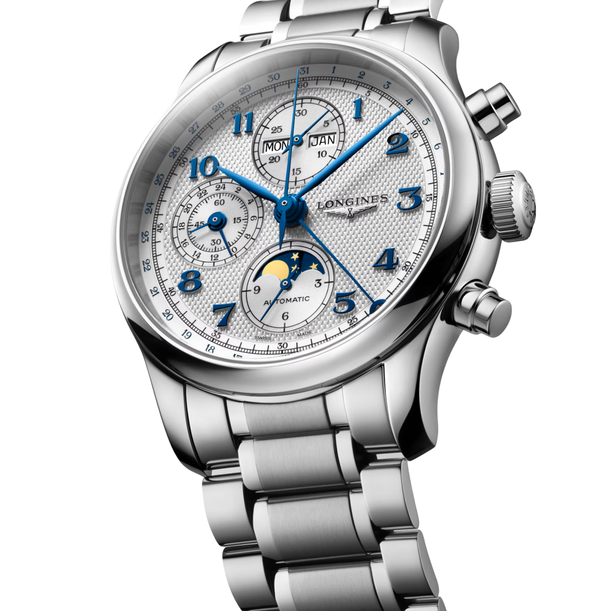 Finished with a stainless steel bracelet and triple safety folding clasp with fine adjustment, the Master Collection Chrono Moonphase combines traditional complications, contemporary mechanical performance and timeless Longines design.