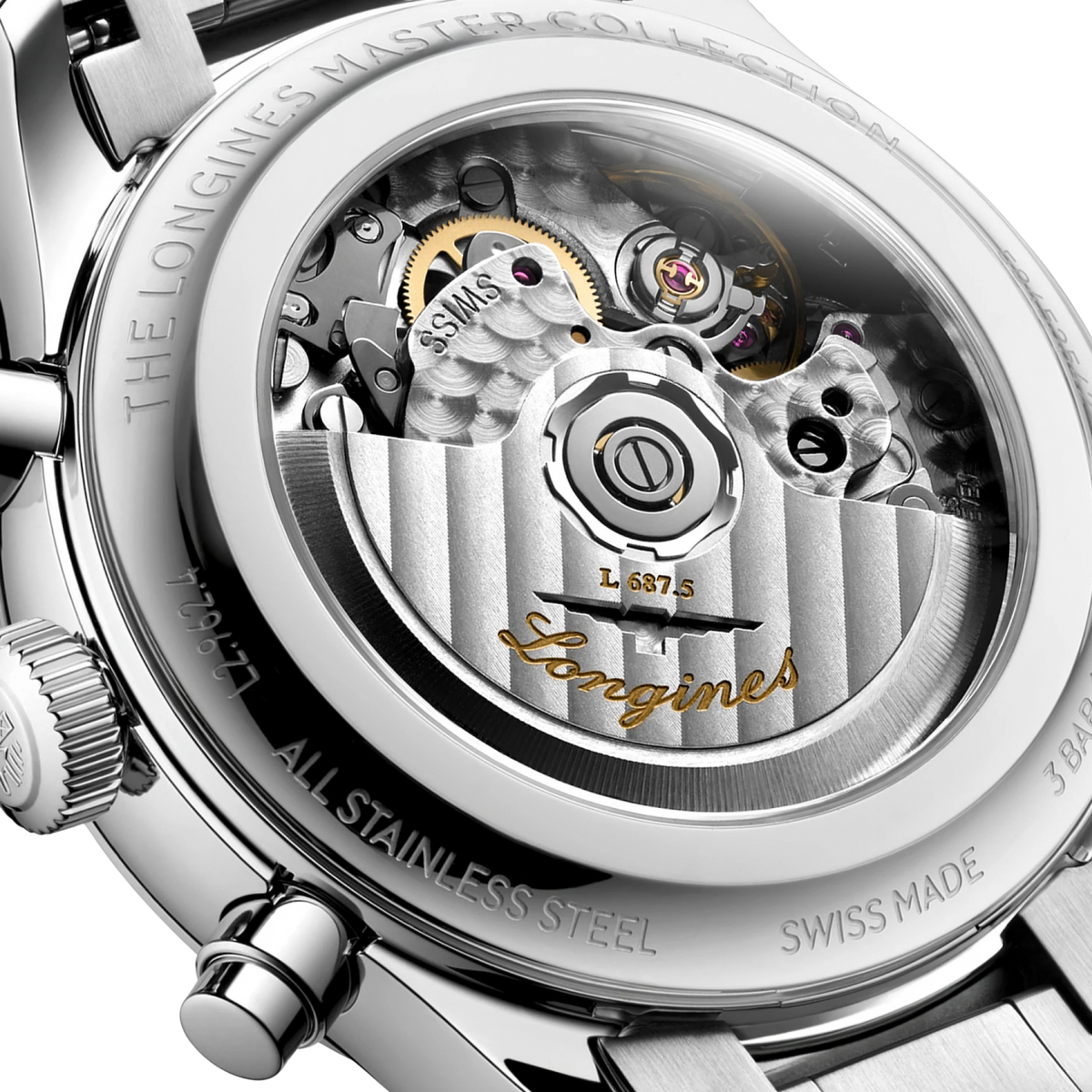 Power comes from the Longines Calibre L687.5, a self-winding mechanical chronograph movement delivering up to 66 hours of power reserve.