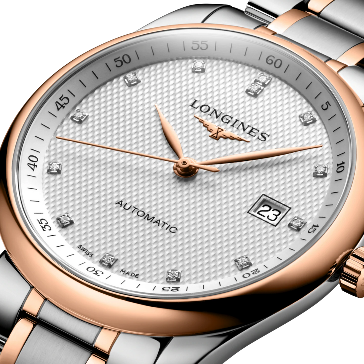 Longines Master Collection men’s watch with silver dial, stainless steel and 18ct rose gold case