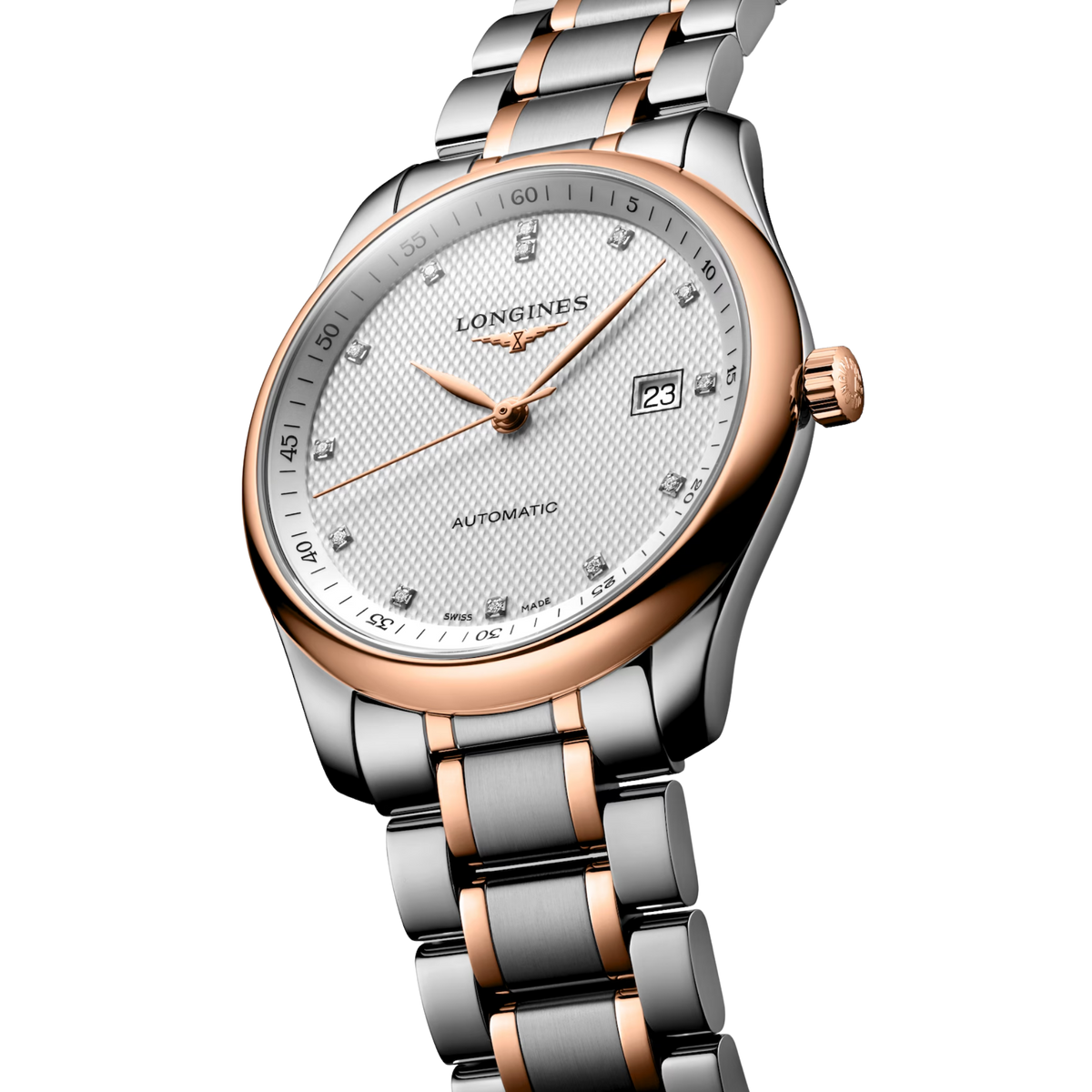 Longines Master Collection 40mm automatic watch with silver textured dial and rose gold detailing